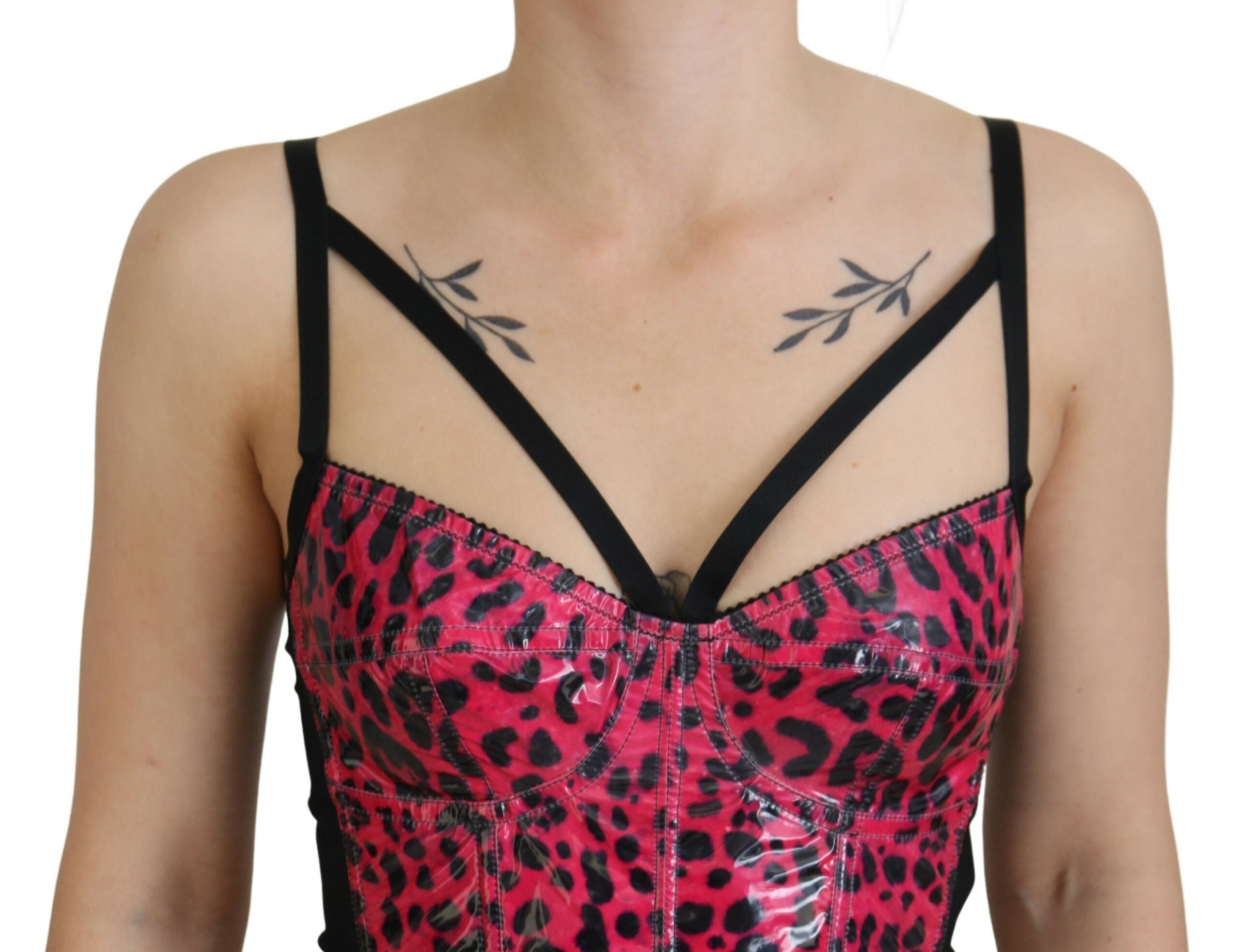 Pink leopard print cropped bustier corset top by Dolce & Gabbana, featuring a fitted design with lace-up front and adjustable straps.