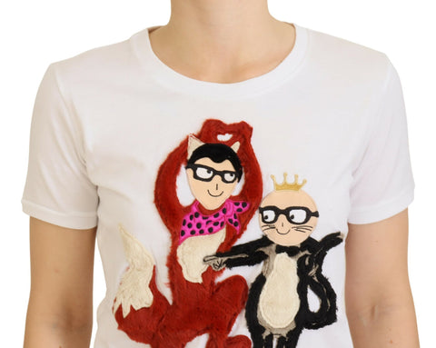 White textured Dolce & Gabbana T-shirt top with short sleeves and printed text on the front.