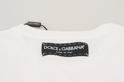 White textured Dolce & Gabbana T-shirt top with short sleeves and printed text design.
