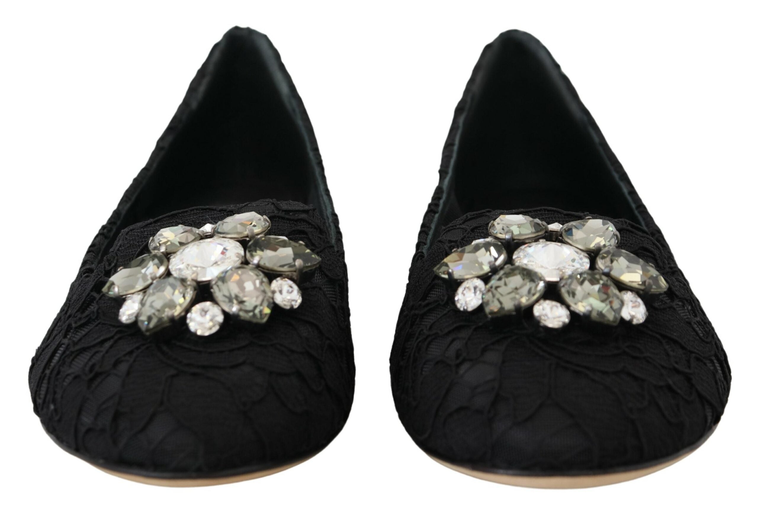 Black Taormina lace flats shoes with crystal embellishments by Dolce & Gabbana, featuring a elegant lace design and pointed toe.