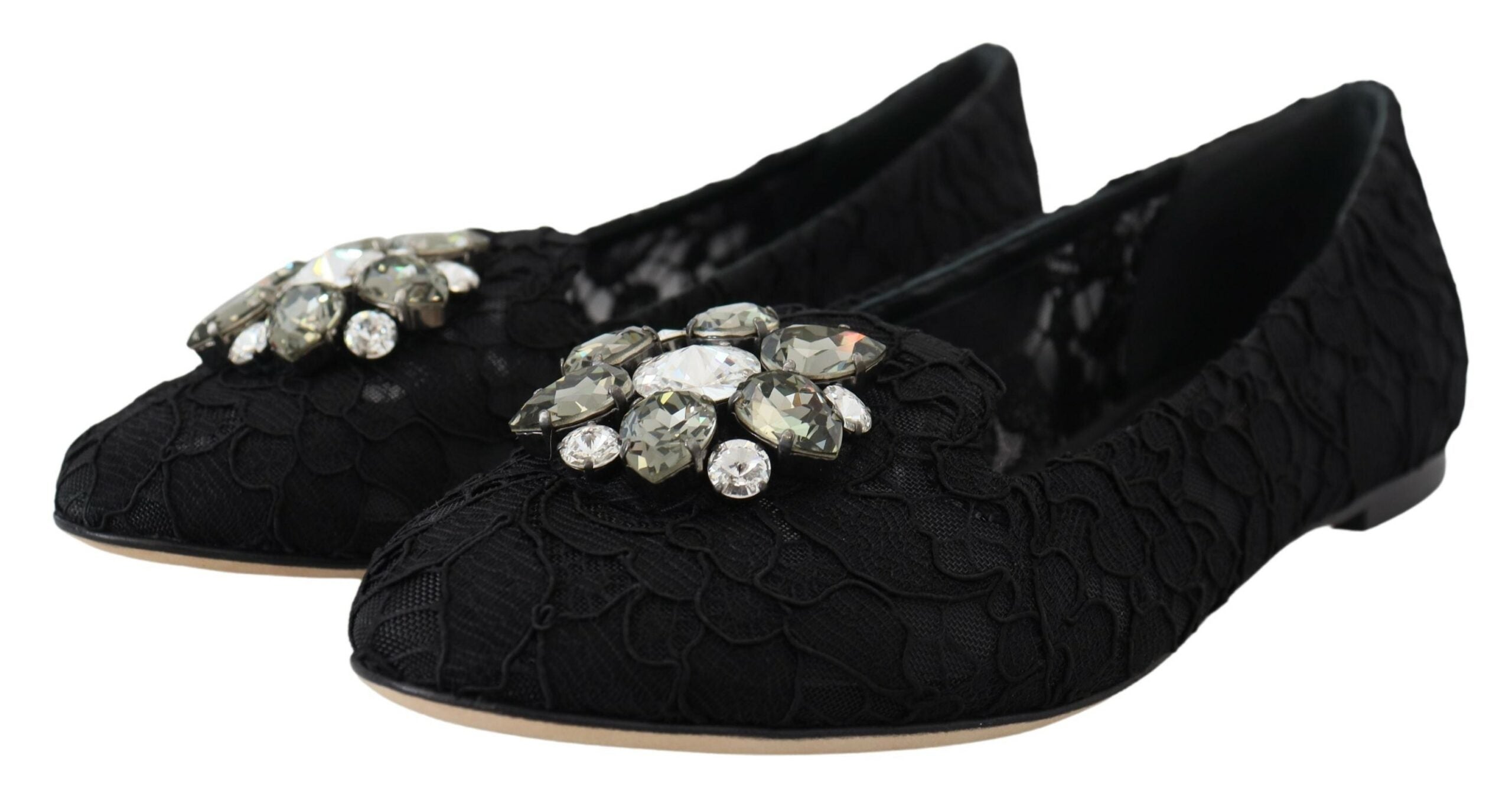 Black Taormina Lace Crystals flats shoes by Dolce & Gabbana with intricate lace detail and sparkling crystal embellishments.