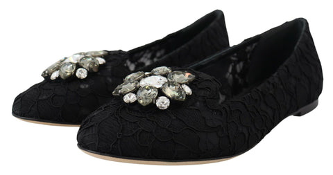 Black Taormina Lace Crystals flats shoes by Dolce & Gabbana with intricate lace detail and sparkling crystal embellishments.