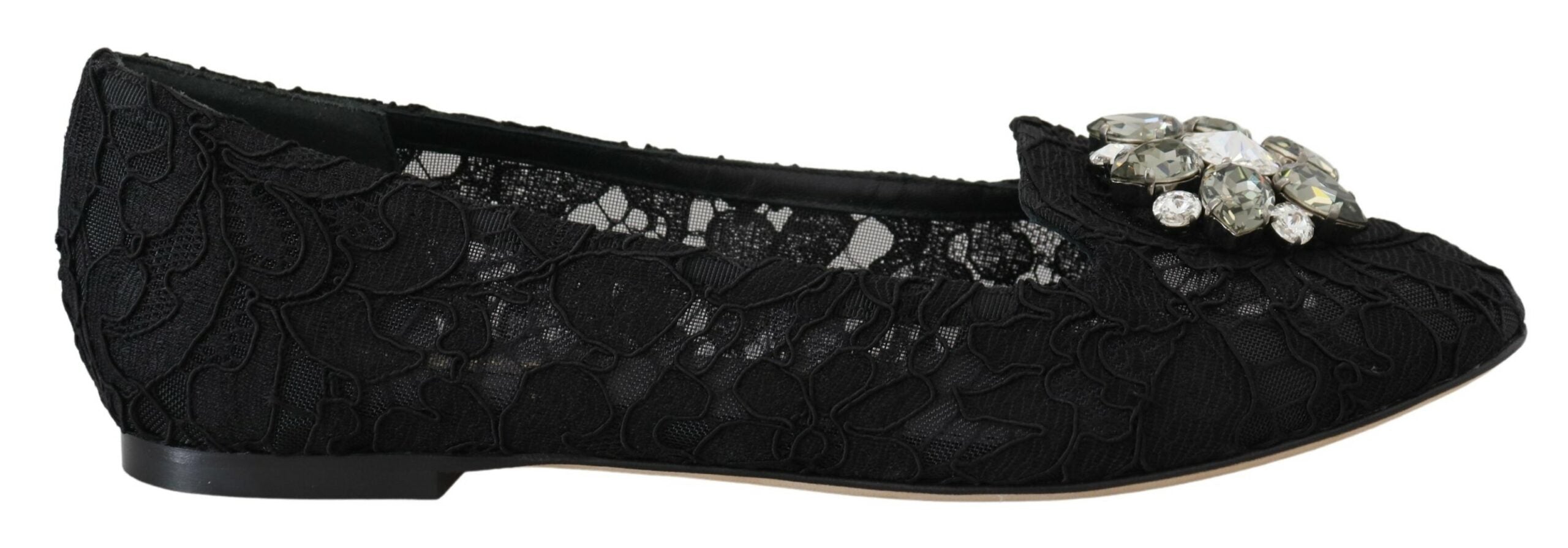 Black Taormina Lace Crystals flats shoes by Dolce & Gabbana with intricate lace and crystal embellishments.
