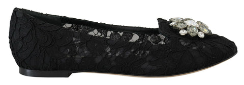 Black Taormina Lace Crystals flats shoes by Dolce & Gabbana with intricate lace and crystal embellishments.