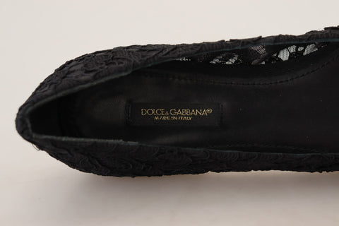 Black Taormina lace flats shoes by Dolce & Gabbana with crystal embellishments and intricate lace detailing.