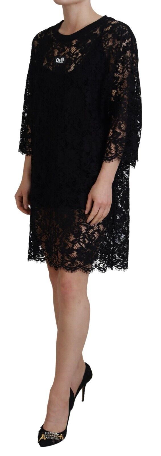 Black floral lace cotton shift mini dress by Dolce & Gabbana, featuring delicate lace details and a sleek silhouette.