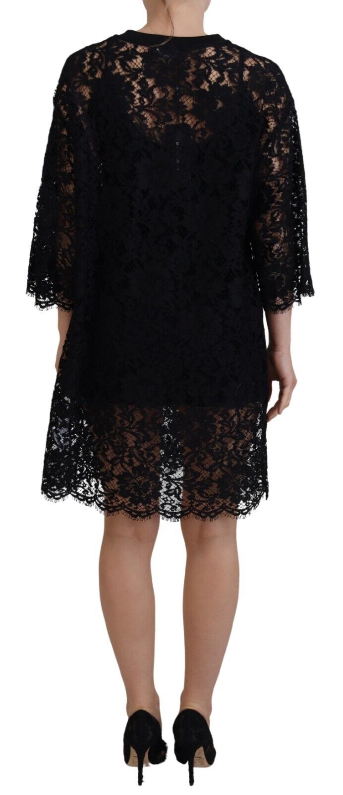 Black floral lace cotton shift mini dress by Dolce & Gabbana, featuring intricate lace details and a stylish, fitted silhouette.