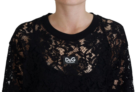 Black floral lace cotton shift mini dress by Dolce & Gabbana, featuring intricate lace details and a flattering fit.
