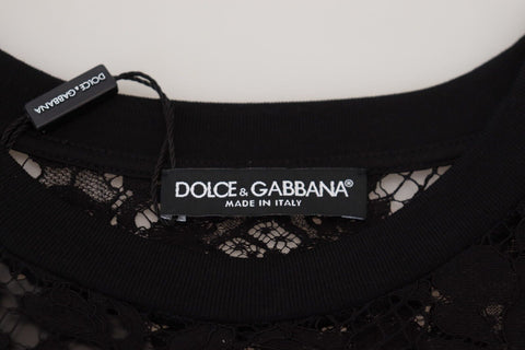 Black floral lace cotton shift mini dress by Dolce & Gabbana, featuring delicate lace details and a fitted silhouette.