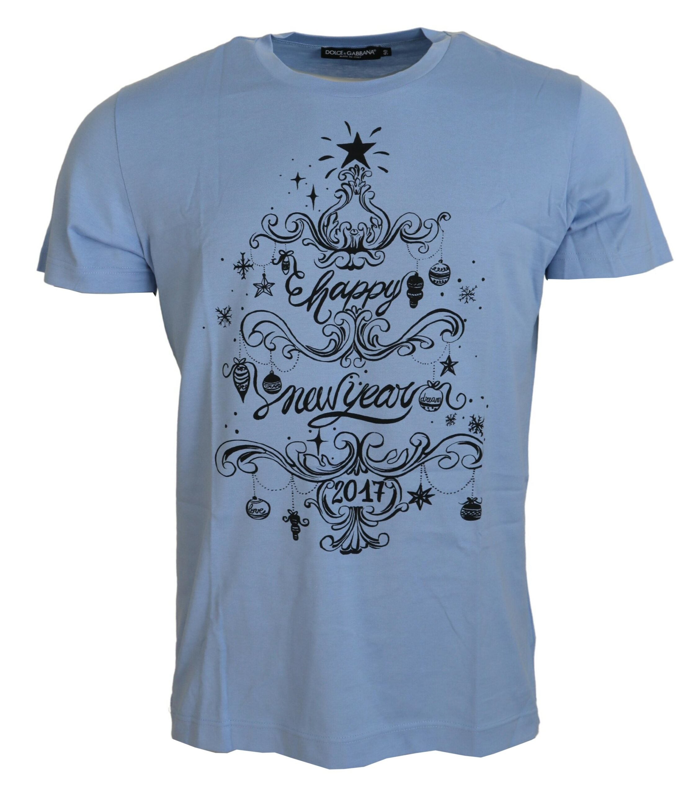 Light blue Dolce & Gabbana cotton T-shirt with "Happy New Year 2017" print, casual and stylish summer top.
