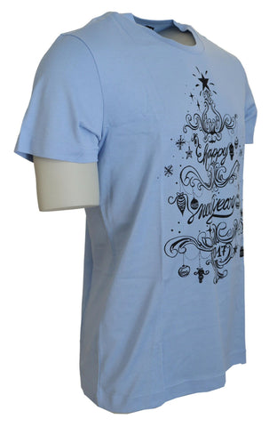 Light blue Dolce & Gabbana cotton T-shirt with "Happy New Year 2017" print, casual and stylish for celebrating the new year.