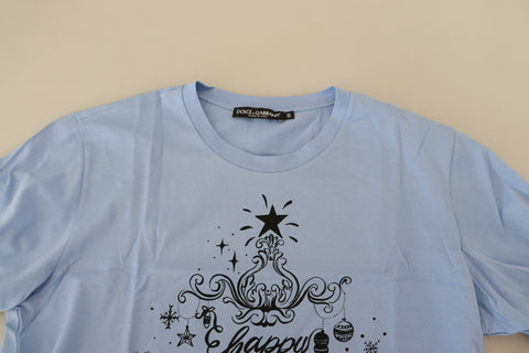 Light blue Dolce & Gabbana cotton T-shirt with Happy New Year 2017 print, casual short-sleeve design on a white background.