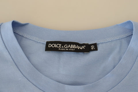 Light blue Dolce & Gabbana cotton T-shirt with Happy New Year 2017 print, casual style, front view.