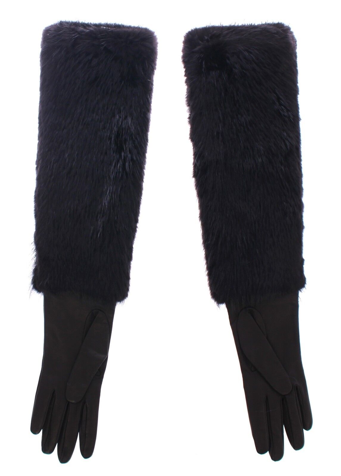 Black beaver fur and lambskin leather elbow gloves by Dolce & Gabbana, featuring sleek design and elegant craftsmanship.