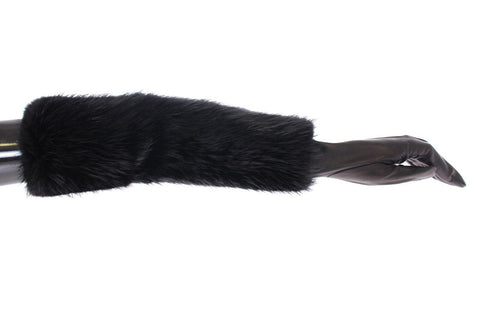 Black beaver fur lambskin leather elbow gloves by Dolce & Gabbana, featuring luxurious fur trim and sleek design.