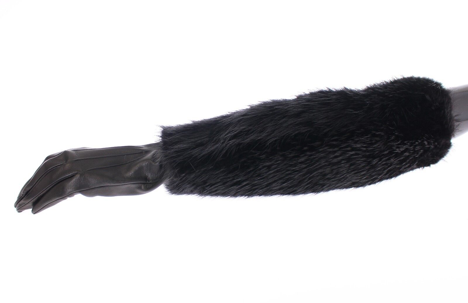 Black beaver fur and lambskin leather elbow gloves by Dolce & Gabbana, featuring elegant stitching and a sleek design.