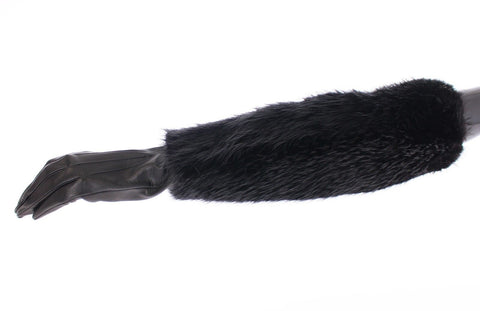 Black beaver fur and lambskin leather elbow gloves by Dolce & Gabbana, featuring elegant stitching and a sleek design.