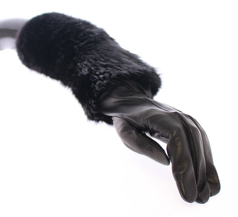 Black beaver fur and lambskin leather elbow gloves by Dolce & Gabbana, showcasing sleek design and luxurious textures.