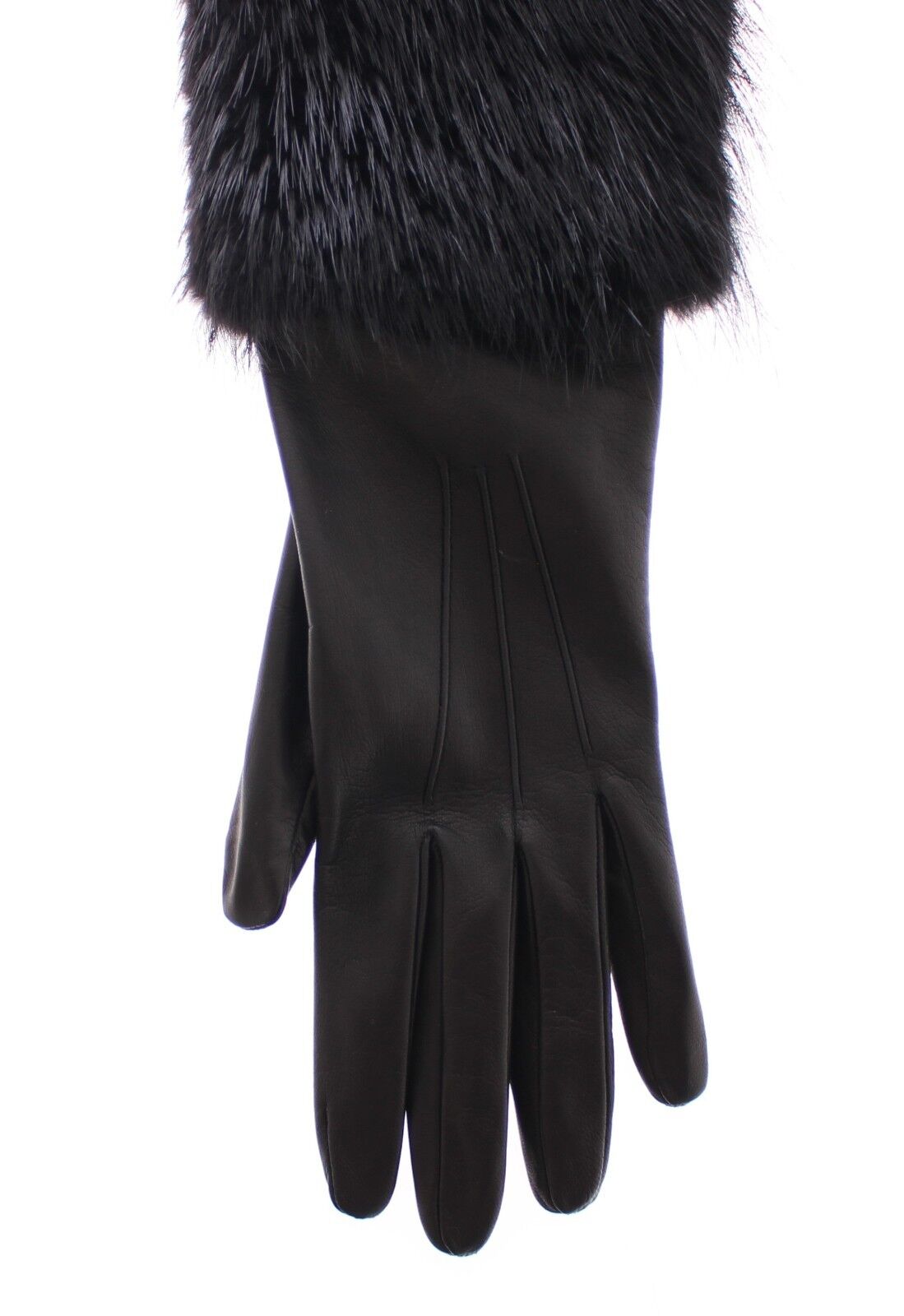 Black beaver fur and lambskin leather elbow gloves by Dolce & Gabbana, showing smooth leather exterior with plush fur trim.
