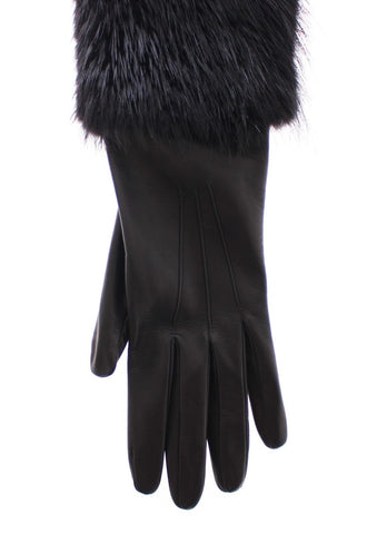 Black beaver fur and lambskin leather elbow gloves by Dolce & Gabbana, showing smooth leather exterior with plush fur trim.