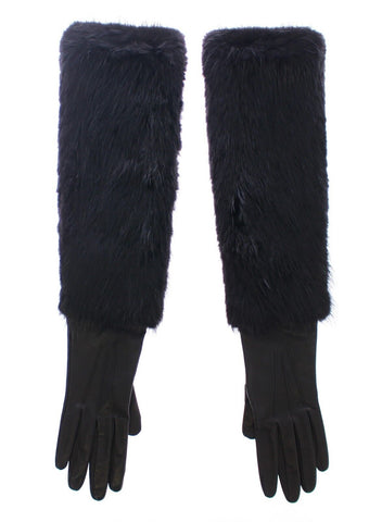 Black beaver fur and lambskin leather elbow gloves by Dolce & Gabbana, featuring a sleek, luxurious design with refined craftsmanship.