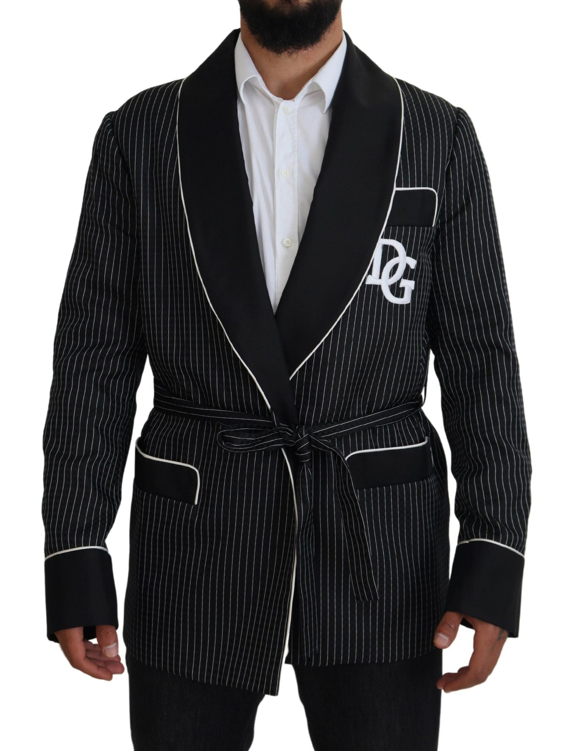 Men's black striped blazer with DG patch, stylish Dolce & Gabbana robe jacket featuring tailored fit and classic design.