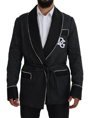 Men's black striped blazer with DG patch, stylish Dolce & Gabbana robe jacket featuring tailored fit and classic design.