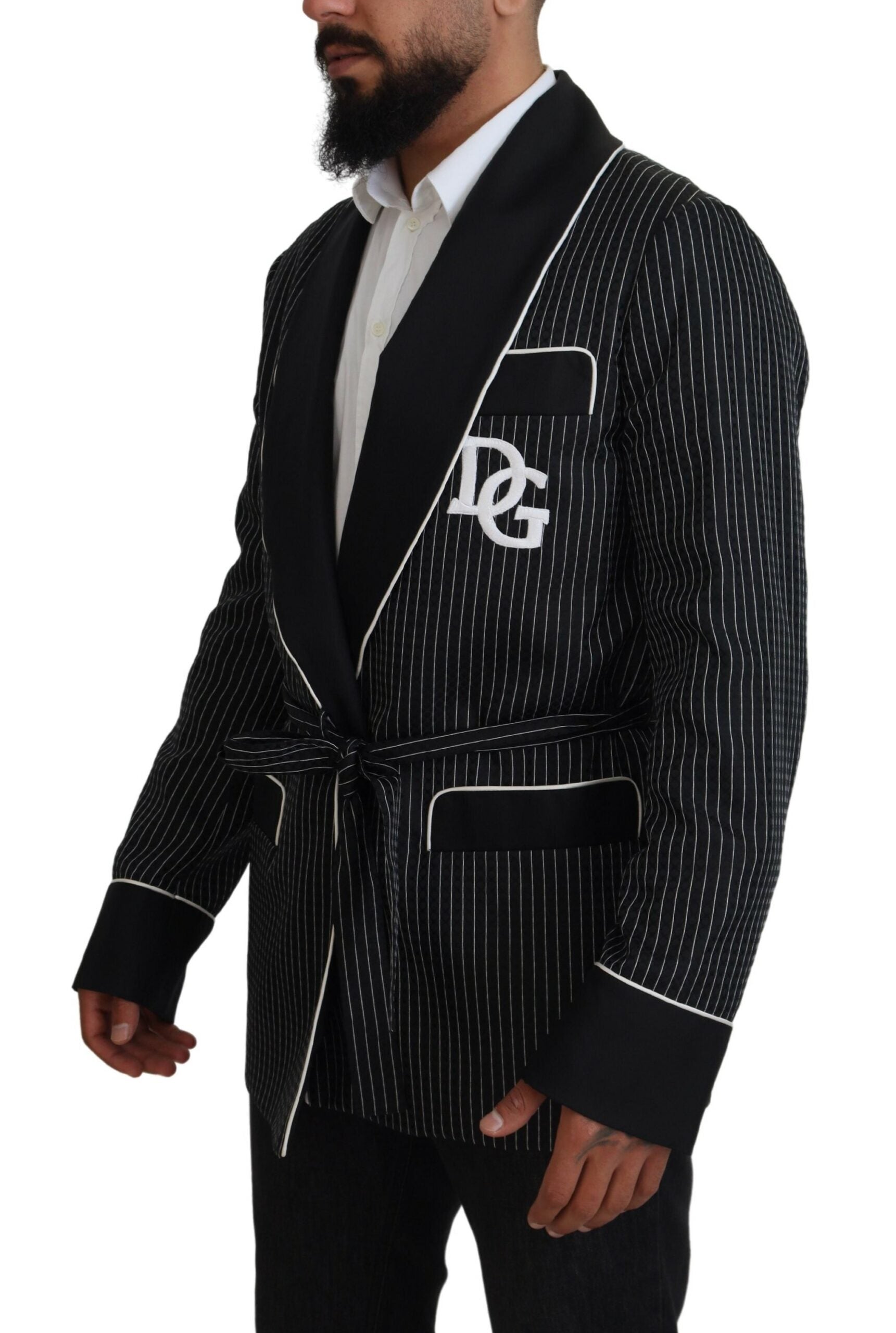 Black striped Dolce & Gabbana patch blazer jacket for men, featuring a tailored fit and stylish design.