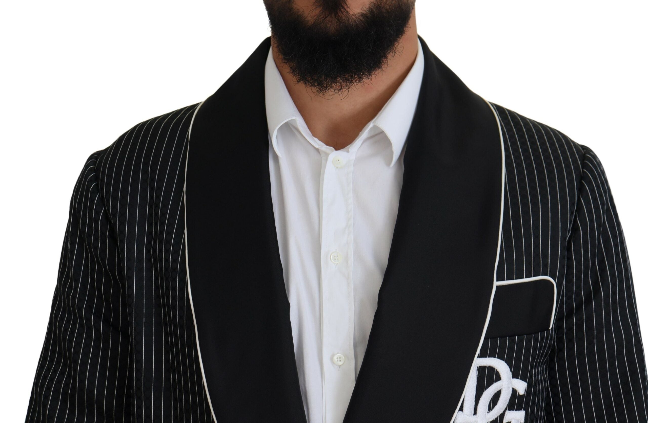 Black striped Dolce & Gabbana patch jacket blazer for men, stylish tailored robe with bold pattern and sleek design.