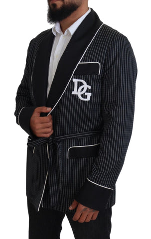 Black striped Dolce & Gabbana patch blazer jacket for men, featuring a tailored fit and stylish design.