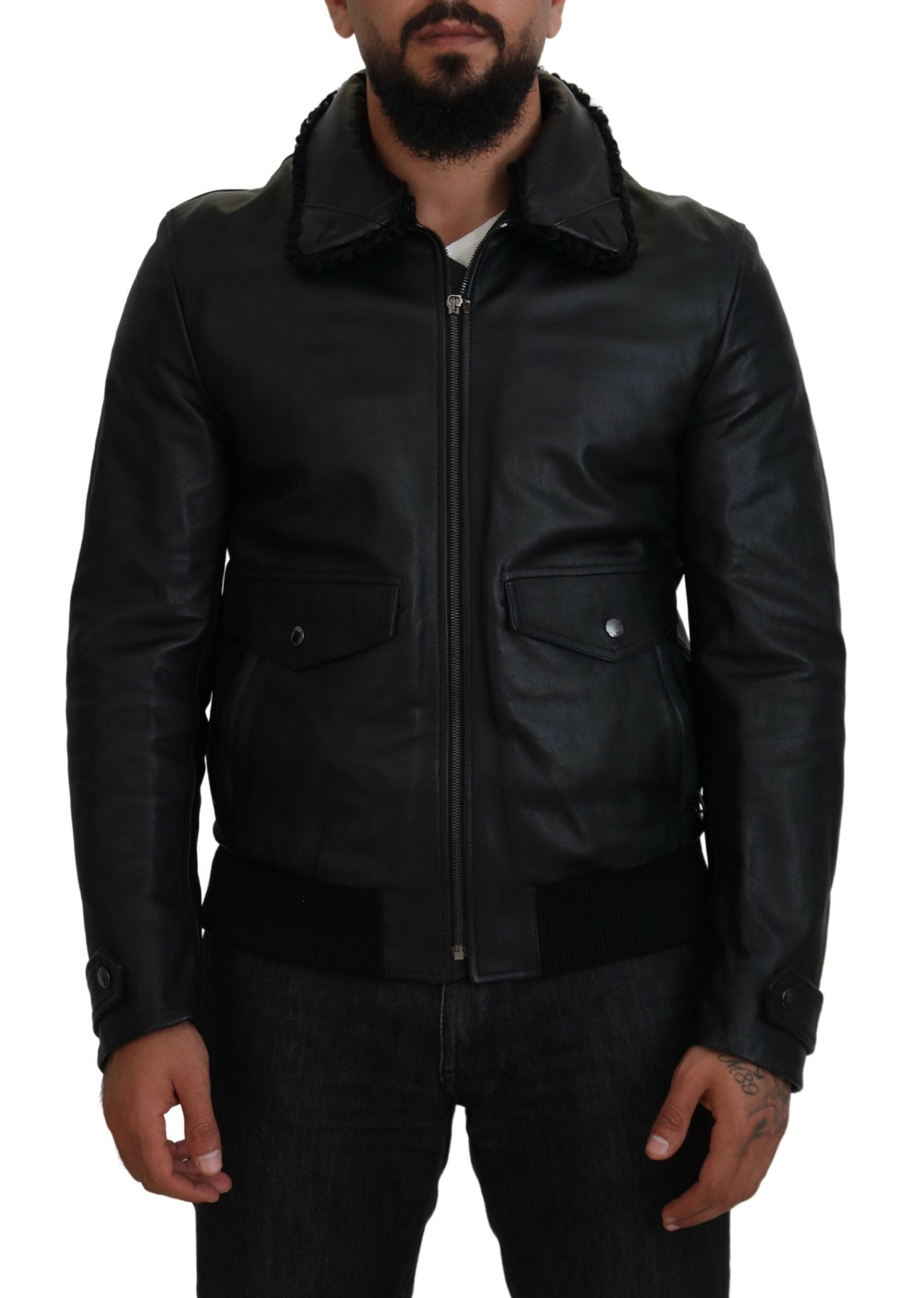 Black lamb leather men's coat with a collar, stylish jacket by Dolce & Gabbana, shown from the front with detailed leather texture.