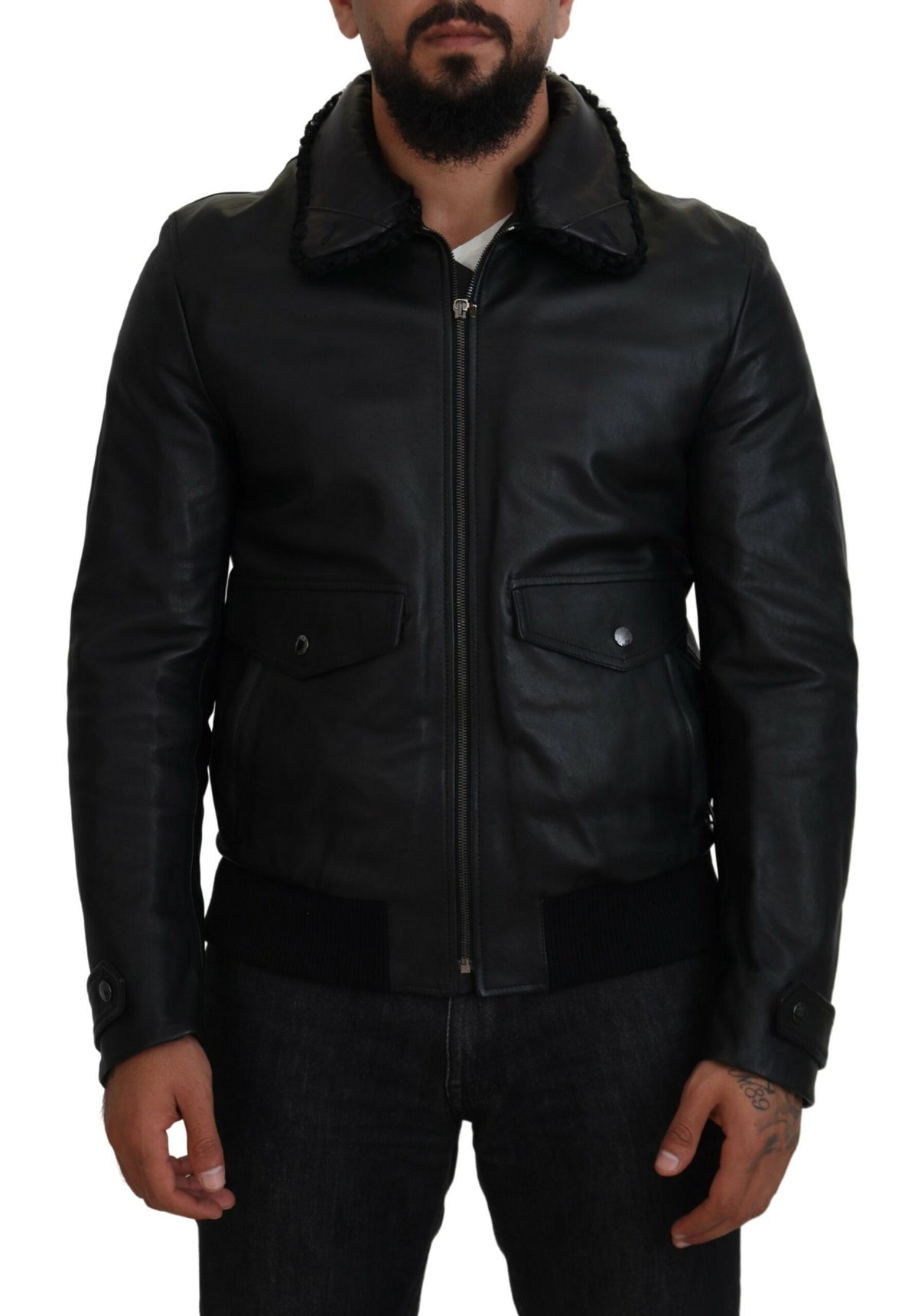 Black lamb leather men's coat with a collar, stylish jacket by Dolce & Gabbana, shown from the front with detailed leather texture.