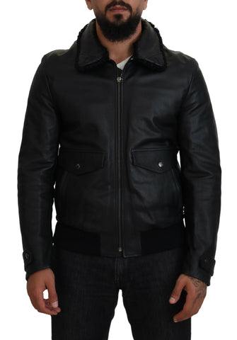 Black lamb leather men's coat with a collar, stylish jacket by Dolce & Gabbana, shown from the front with detailed leather texture.