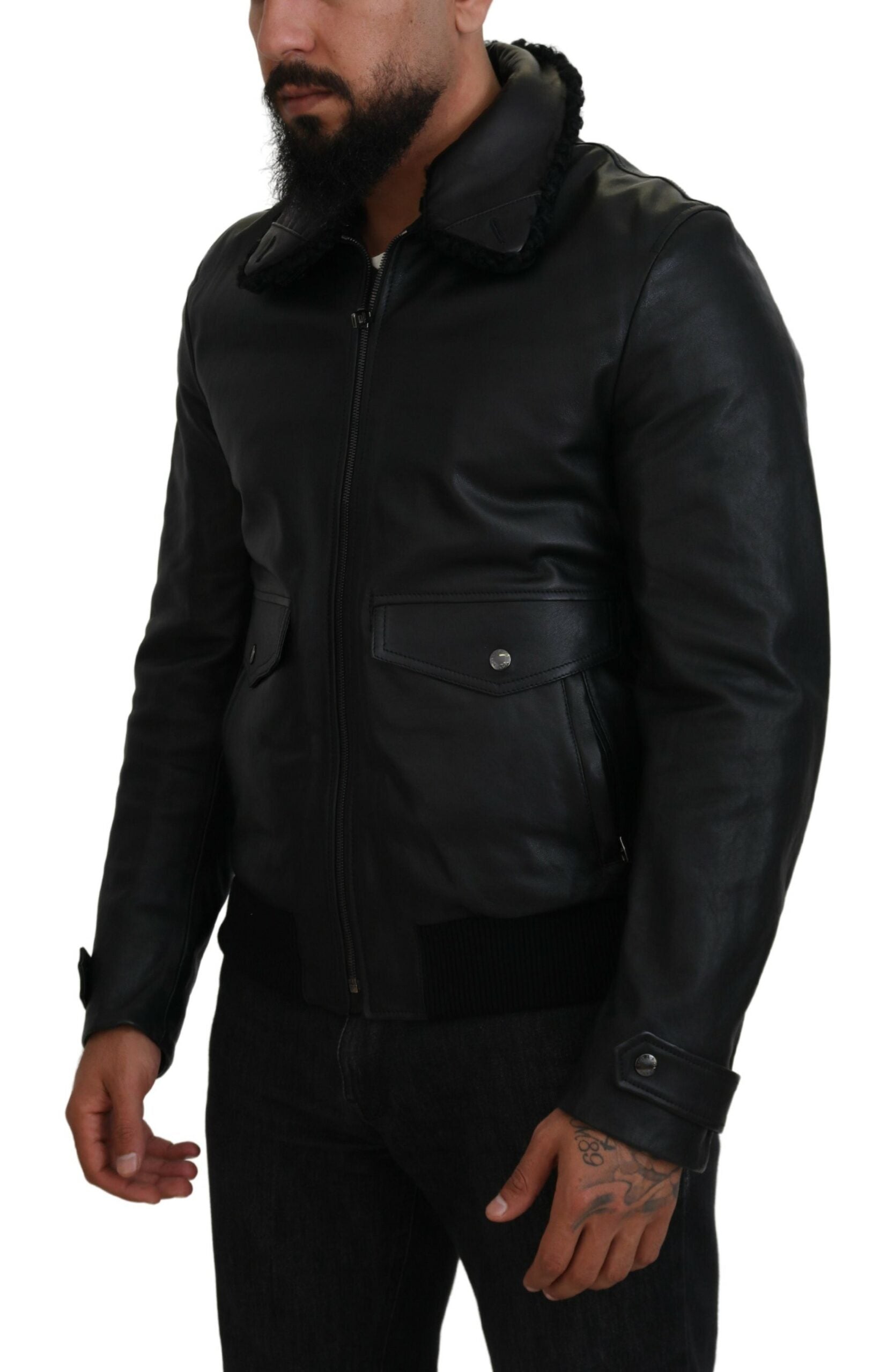 Black lamb leather men's coat with collar, stylish Dolce & Gabbana jacket featuring sleek design and premium craftsmanship.