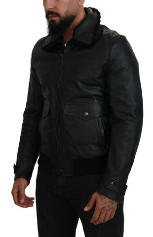 Black lamb leather men's coat with collar, stylish Dolce & Gabbana jacket featuring sleek design and premium craftsmanship.