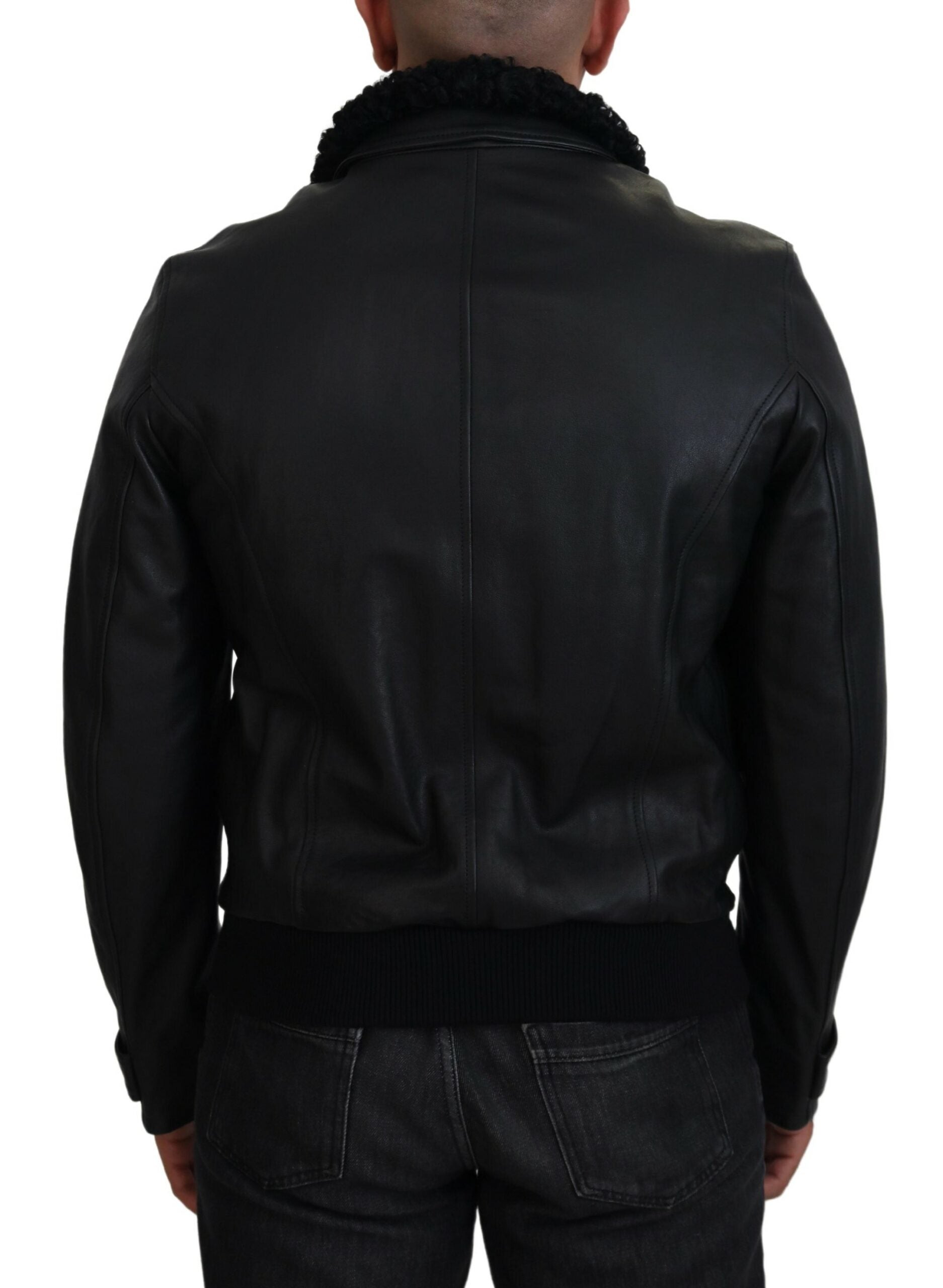 Black lamb leather men's coat with a collar from Dolce & Gabbana, showing detailed stitching and sleek design.