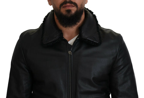 Black lamb leather men's coat with a collared design by Dolce & Gabbana showing front view and tailored fit.