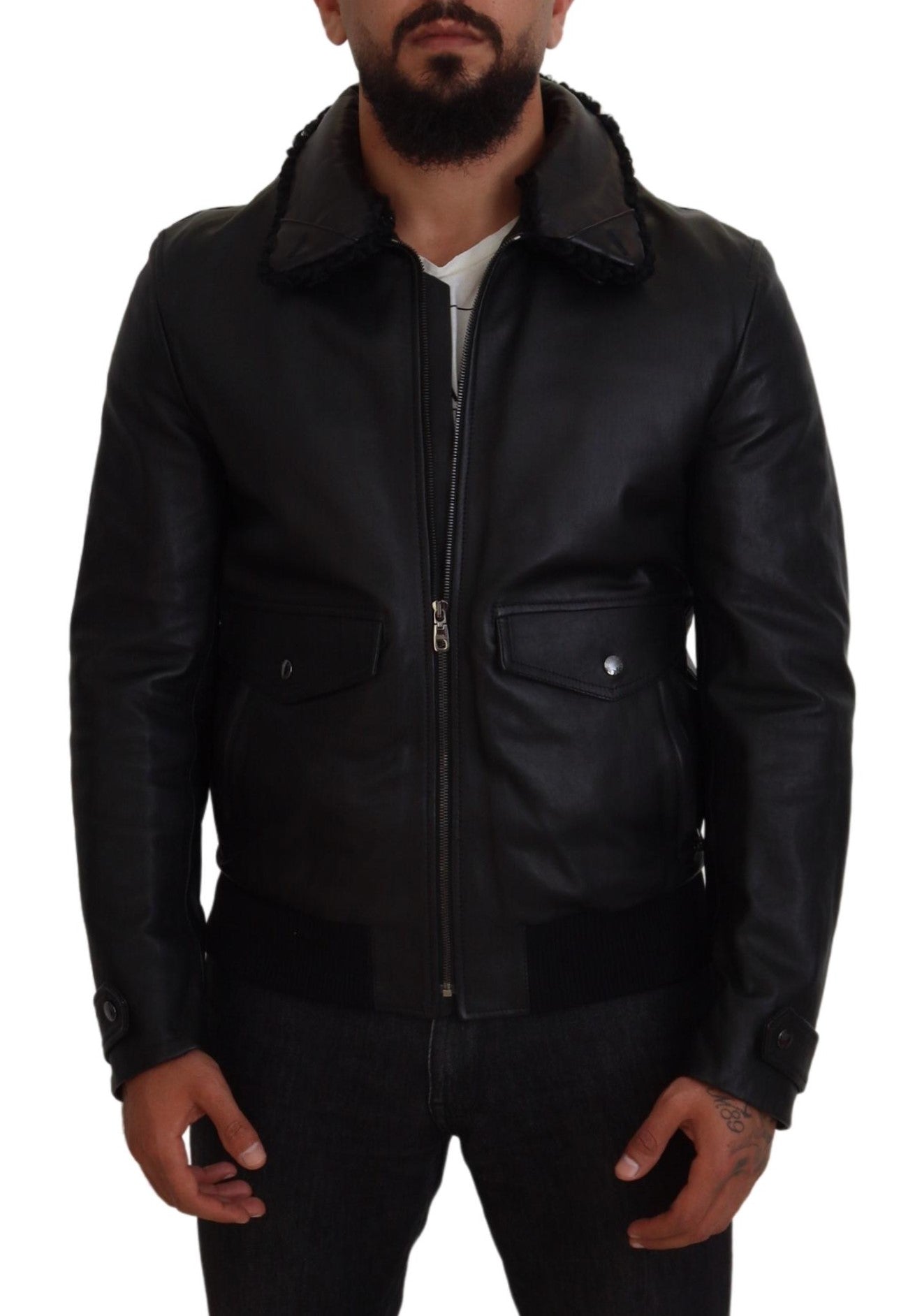 Black lamb leather men's coat with a collared design by Dolce & Gabbana, featuring sleek style and tailored fit.
