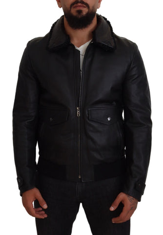 Black lamb leather men's coat with a collared design by Dolce & Gabbana, featuring sleek style and tailored fit.