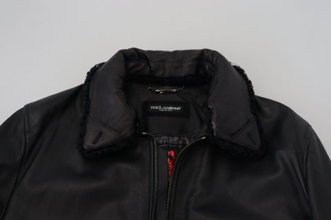 Black lamb leather men's coat with a collared design by Dolce & Gabbana, shown on a hanger.