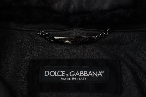 Black lamb leather men's coat with a collared design from Dolce & Gabbana, featuring a sleek, tailored fit and stylish detailing.