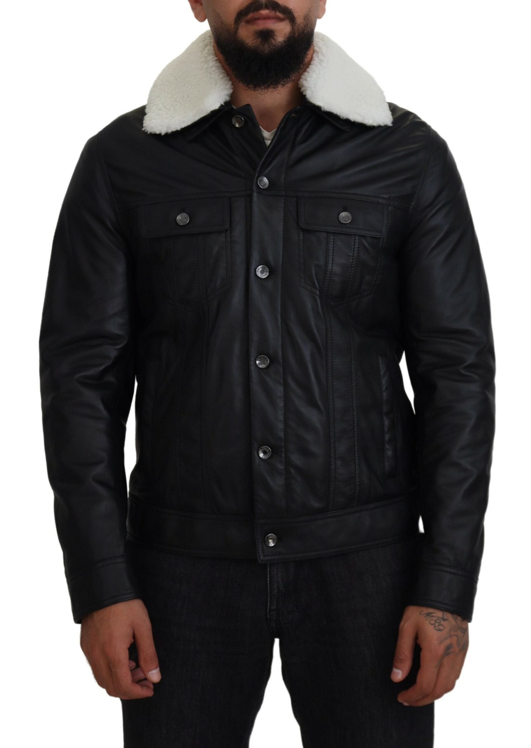 Black lamb leather men's coat with a collar, designed by Dolce & Gabbana, featuring a sleek and stylish silhouette.