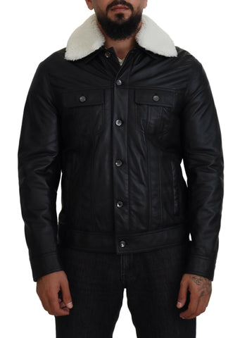 Black lamb leather men's coat with a collar, designed by Dolce & Gabbana, featuring a sleek and stylish silhouette.