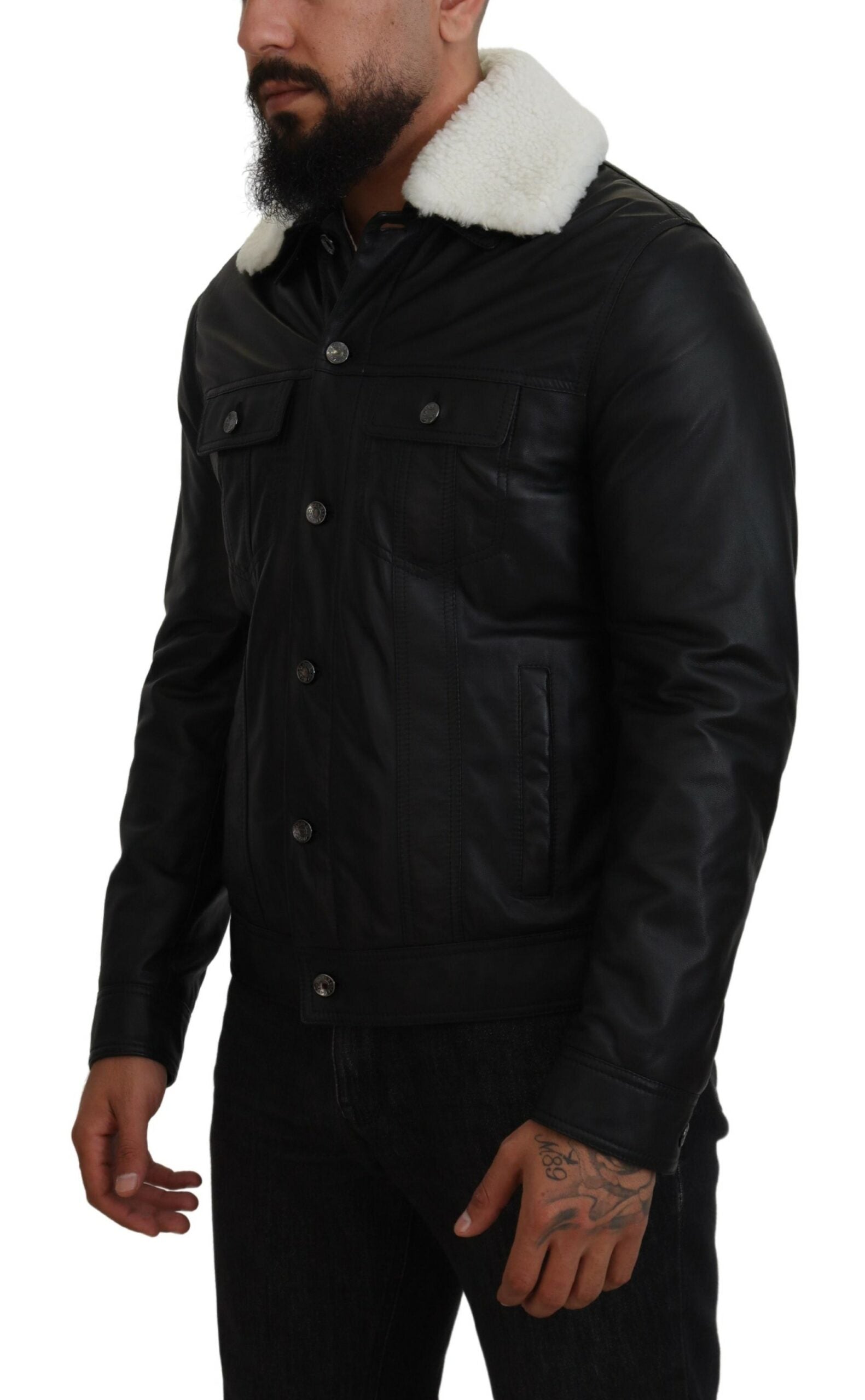 Black lamb leather men's coat with a collar, designed by Dolce & Gabbana, featuring a sleek, stylish silhouette and premium craftsmanship.