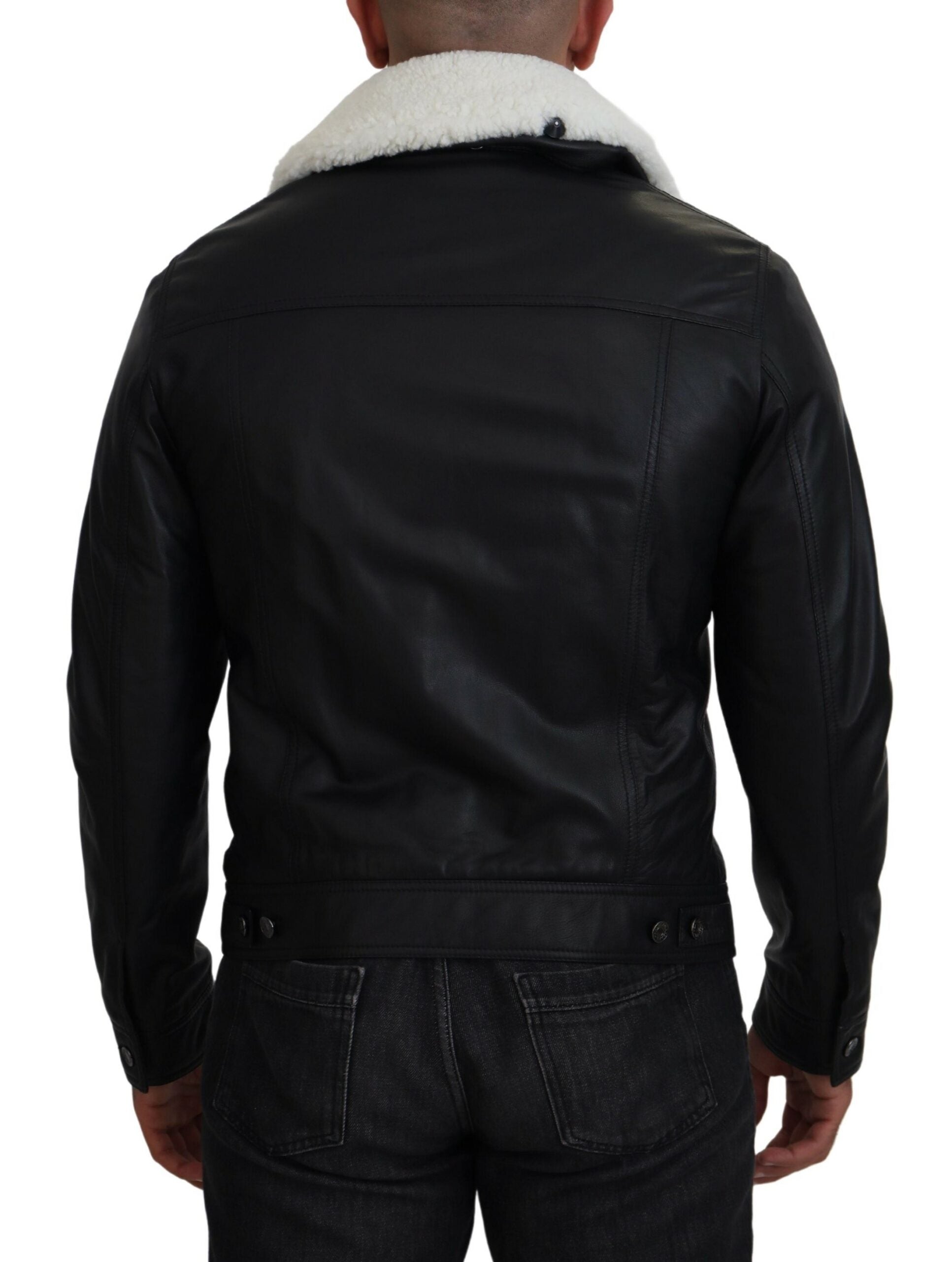 Black lamb leather men's coat with a collared design from Dolce & Gabbana, featuring a sleek, stylish jacket silhouette.