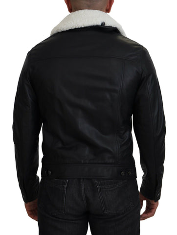 Black lamb leather men's coat with a collared design from Dolce & Gabbana, featuring a sleek, stylish jacket silhouette.