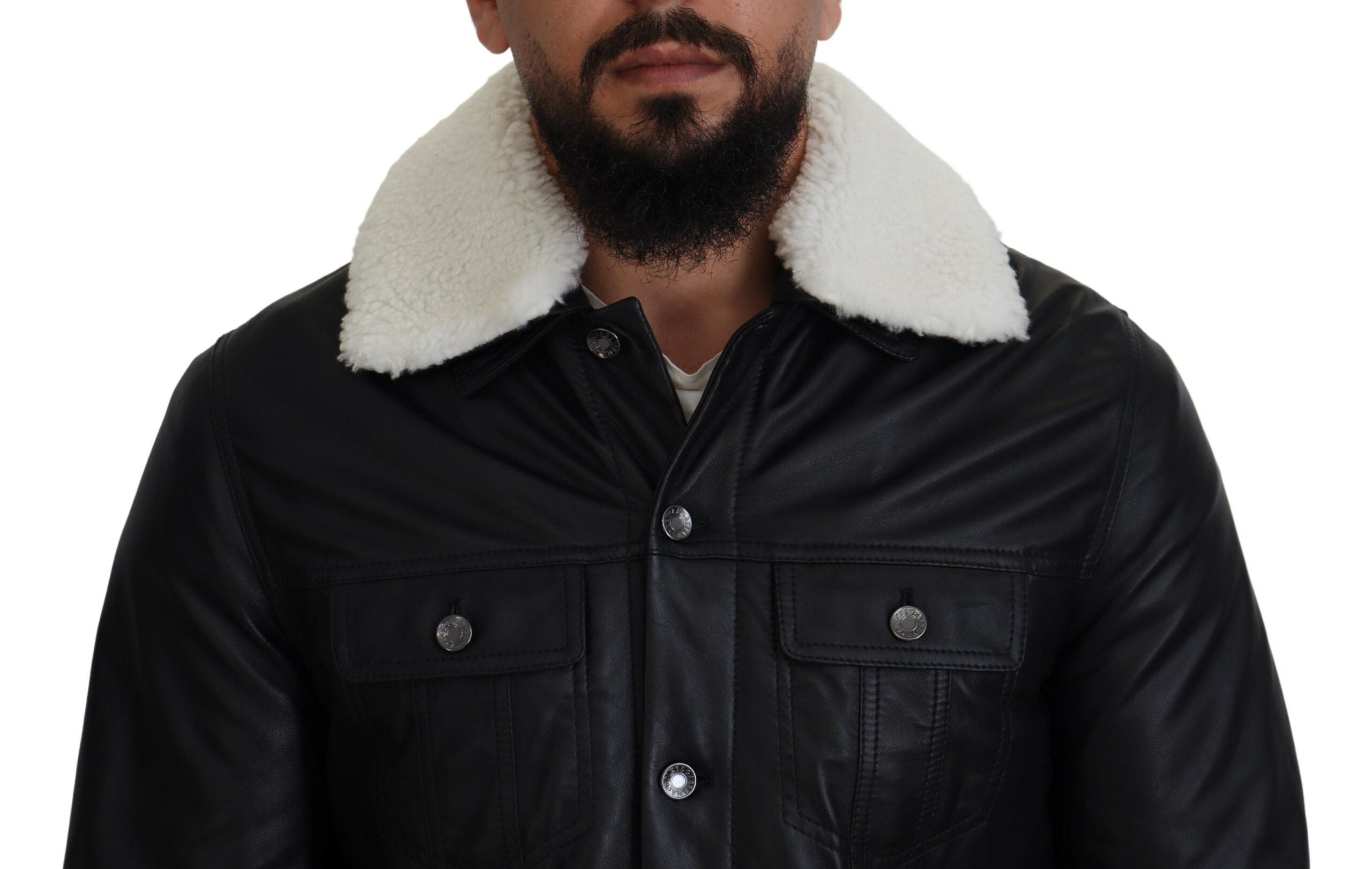 Black lamb leather men's coat with collar from Dolce & Gabbana, featuring a sleek, stylish design and tailored fit.
