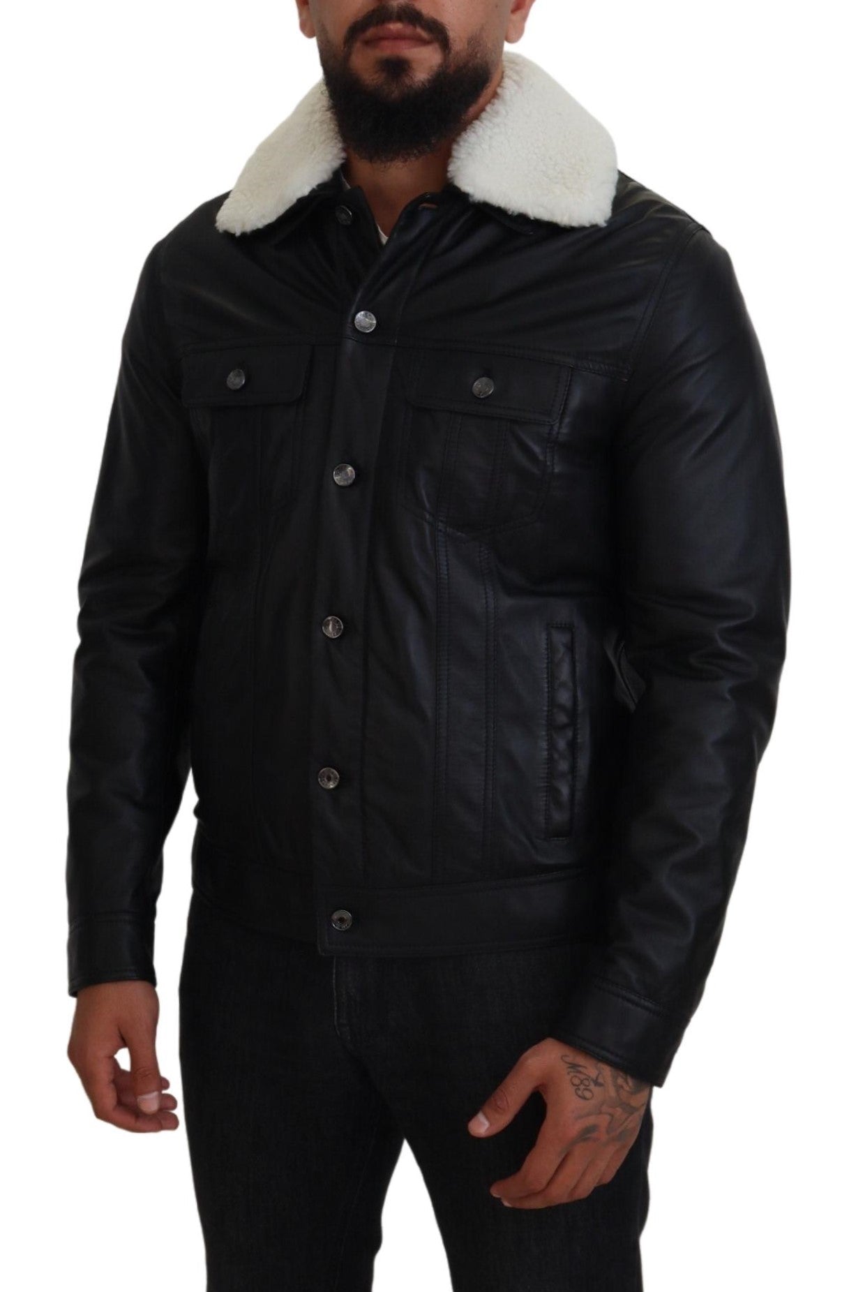 Black lamb leather men's coat with a collar, stylish jacket by Dolce & Gabbana, shown on a hanger.