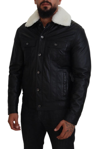 Black lamb leather men's coat with a collar, stylish jacket by Dolce & Gabbana, shown on a hanger.