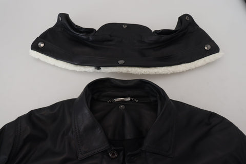 Black lamb leather men's coat with a collar, stylish jacket by Dolce & Gabbana, shown on a model.